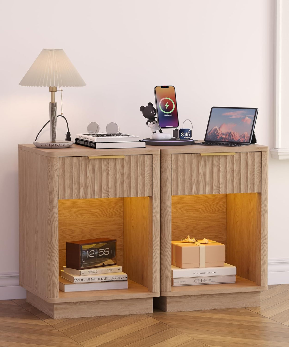 Akxomel Fluted Nightstand Set 2 Bedside Table with Charging Station Oak