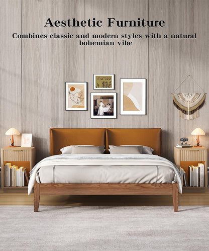 Akxomel Fluted Nightstand Set 2 Bedside Table with Charging Station Oak