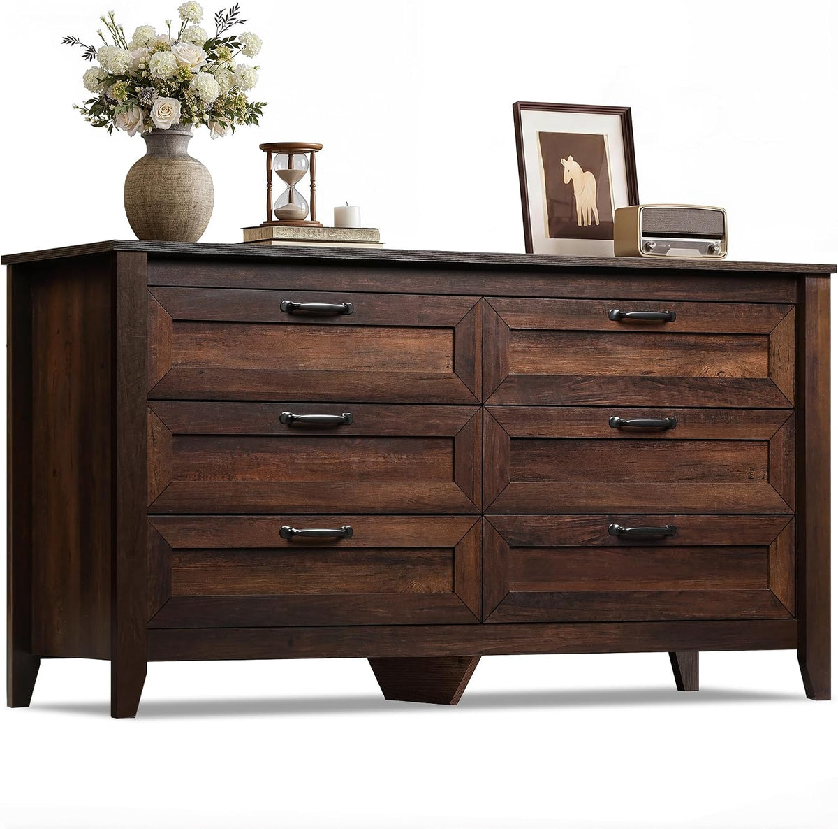 WLIVE 54" Dresser for Bedroom, Wooden 6 Drawer Dresser with Unique Anti-Tip Structure, Modern Chest of Drawers with Metal Handles for Living Room, Hallway, Closet, Home Furniture, Rustic Brown
