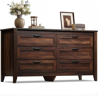 WLIVE 54" Dresser for Bedroom, Wooden 6 Drawer Dresser with Unique Anti-Tip Structure, Modern Chest of Drawers with Metal Handles for Living Room, Hallway, Closet, Home Furniture, Rustic Brown
