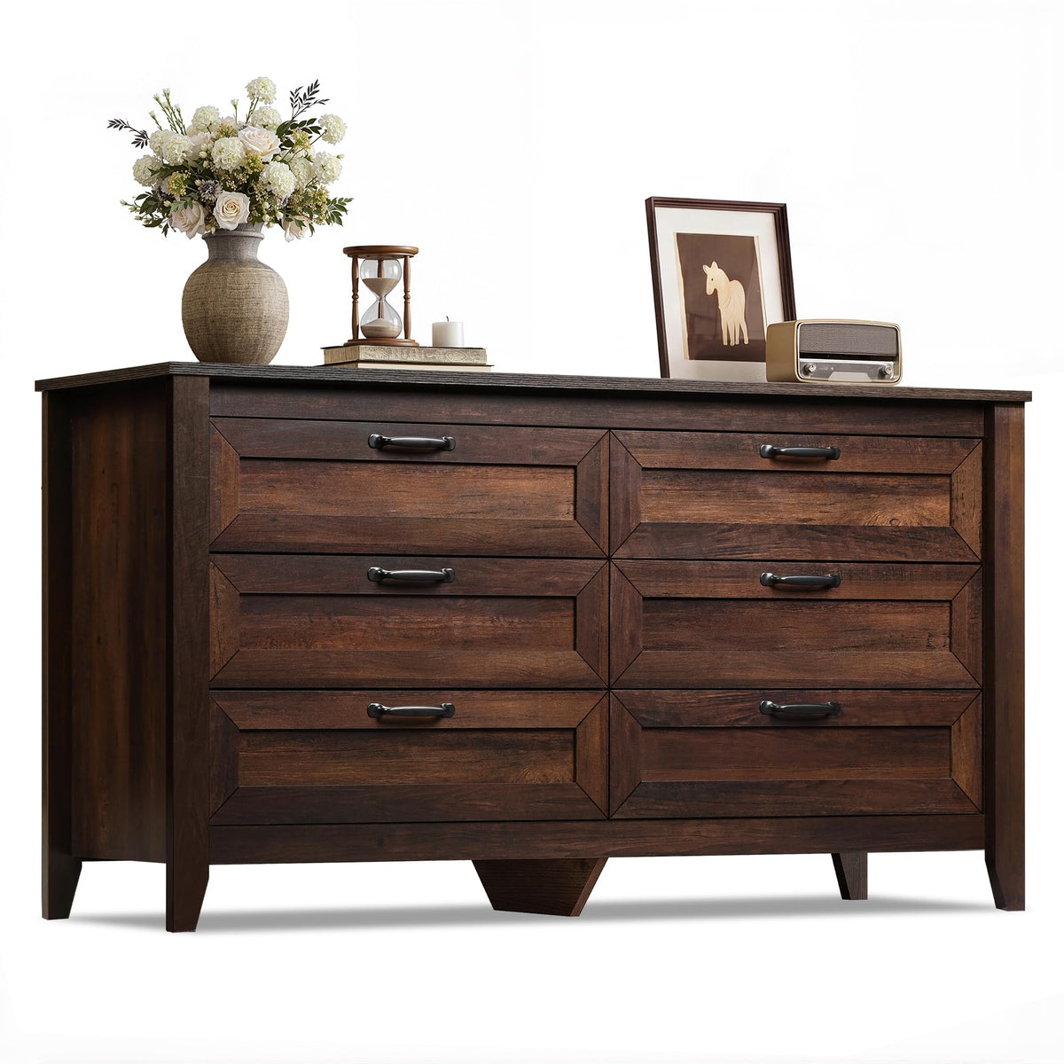 WLIVE 54" Dresser for Bedroom, Wooden 6 Drawer Dresser with Unique Anti-Tip Structure, Modern Chest of Drawers with Metal Handles for Living Room, Hallway, Closet, Home Furniture, Rustic Brown