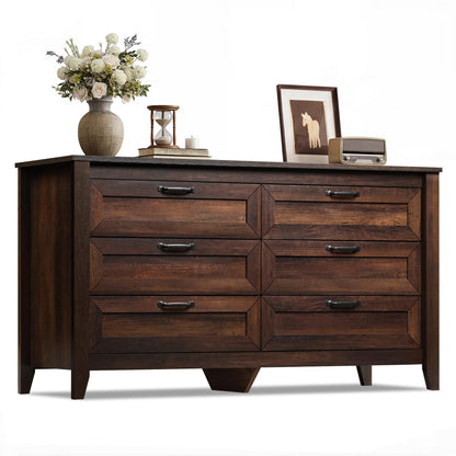 WLIVE 54" Dresser for Bedroom, Wooden 6 Drawer Dresser with Unique Anti-Tip Structure, Modern Chest of Drawers with Metal Handles for Living Room, Hallway, Closet, Home Furniture, Rustic Brown