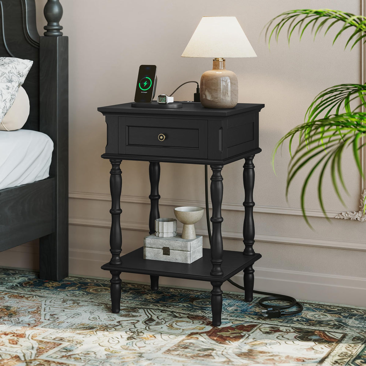 ARTPOWER Nightstands Set of 2 with Charging Station & Storage Shelf, Blue