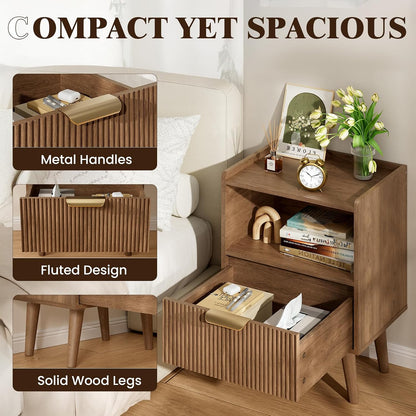 Apicizon Small Nightstand, Fluted Walnut Bedside Table with Drawer & Shelf