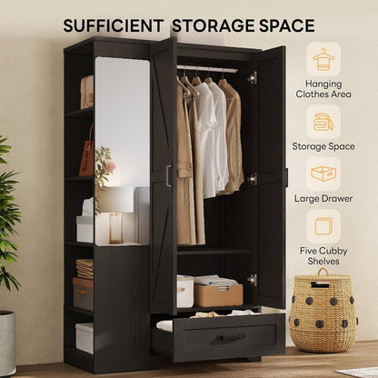 LIKIMIO Armoire Wardrobe Closet 70 Inches, Large Storage with Mirror, 2 Doors, Drawer, and Shelves, Modern Bedroom Freestanding Wooden Wardrobe Combination with Hanging Rail, Black