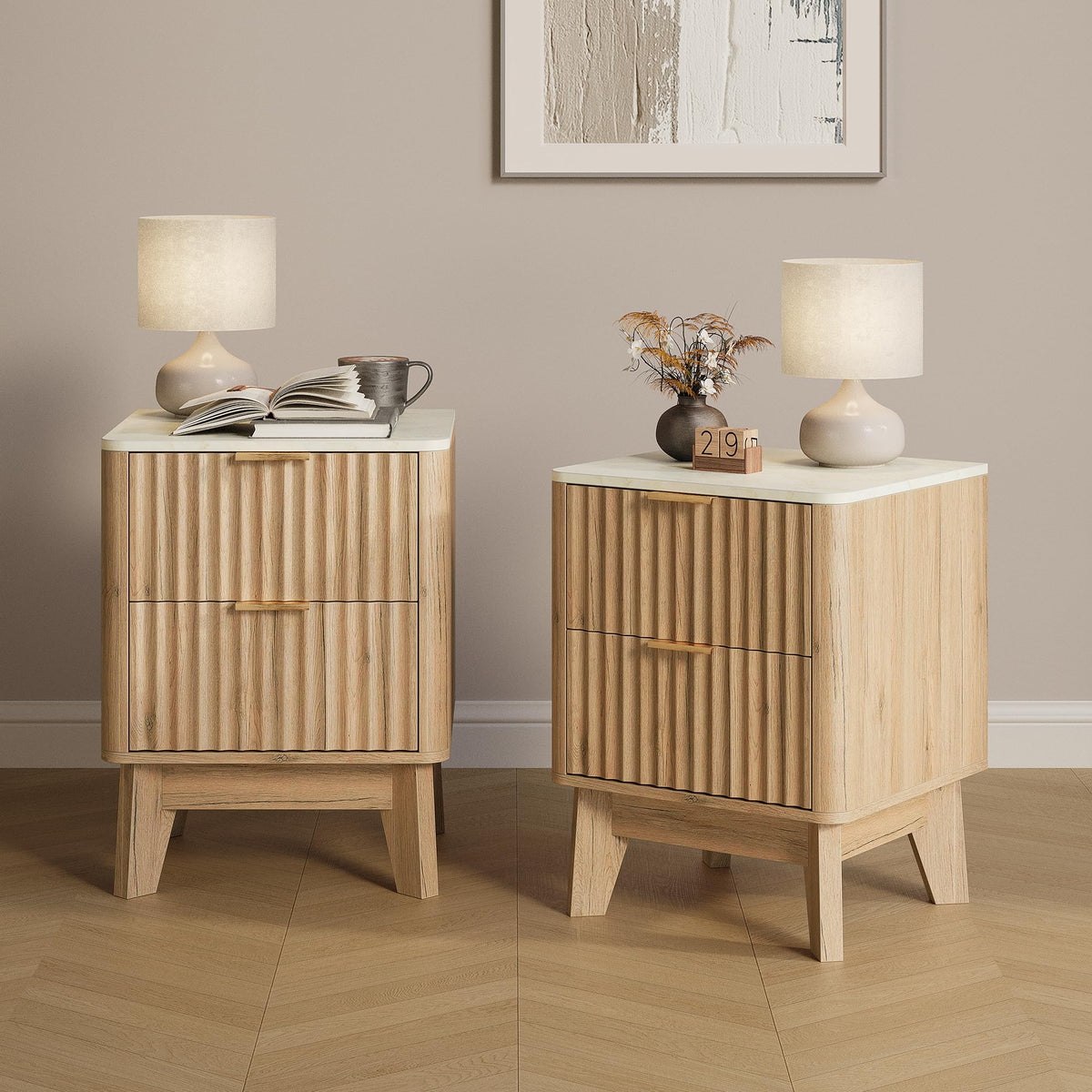 Fluted Nightstand Set of 2 with Faux Marble Top,Natural Oak