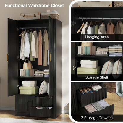 Vabches 71” Tall Armoire Wardrobe Closet with 2 Drawers and Shelves, Large Wooden Wardrobe Cabinet with Hanging Rod, Sliding Cabinet, Modern Fluted Clothing Storage Cabinet for Bedroom, Black