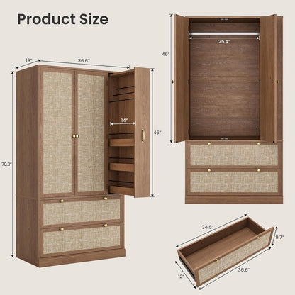 Rattan Wooden Armoire Wardrobe Closet with Pull-Out Side Storage