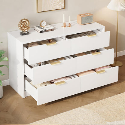 MapleGrace 53" Wide 6 Drawer Dresser for Bedroom, Modern Simple Wood Dresser Chest of Drawers Closet Store Organizer for Living Room, Hallway (White, 15.4" D x 53.1" W x 30.9" H (6 Drawers))