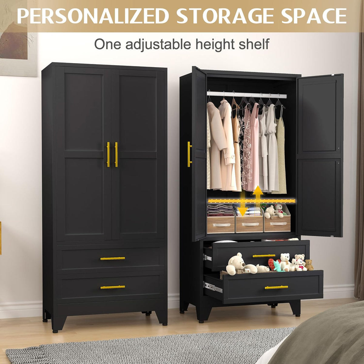 GAIOUS 71" Metal Wardrobe Cabinet with 2 Drawers and Hanging Rod Black