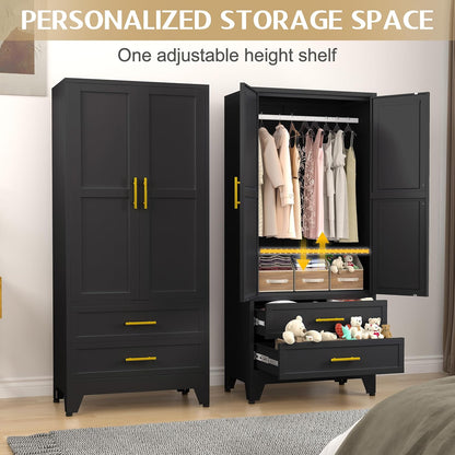 GAIOUS 71" Metal Wardrobe Cabinet with 2 Drawers and Hanging Rod Black