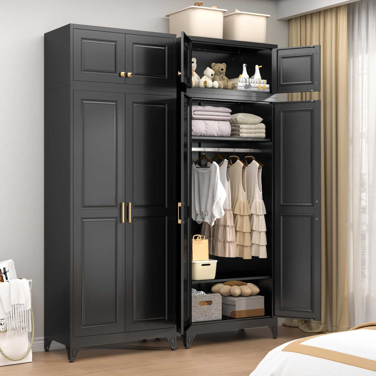 71" Black Metal Armoire Wardrobe Closet with Panel Doors