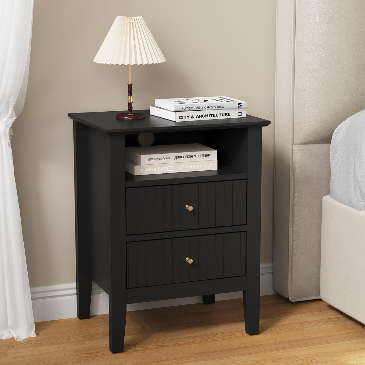 RoyalCraft 32" Large Nightstand Set of 2, Fluted Painted Bedside Table with 3 Spacious Drawers, Modern Tall End Table for Bedroom, Beige
