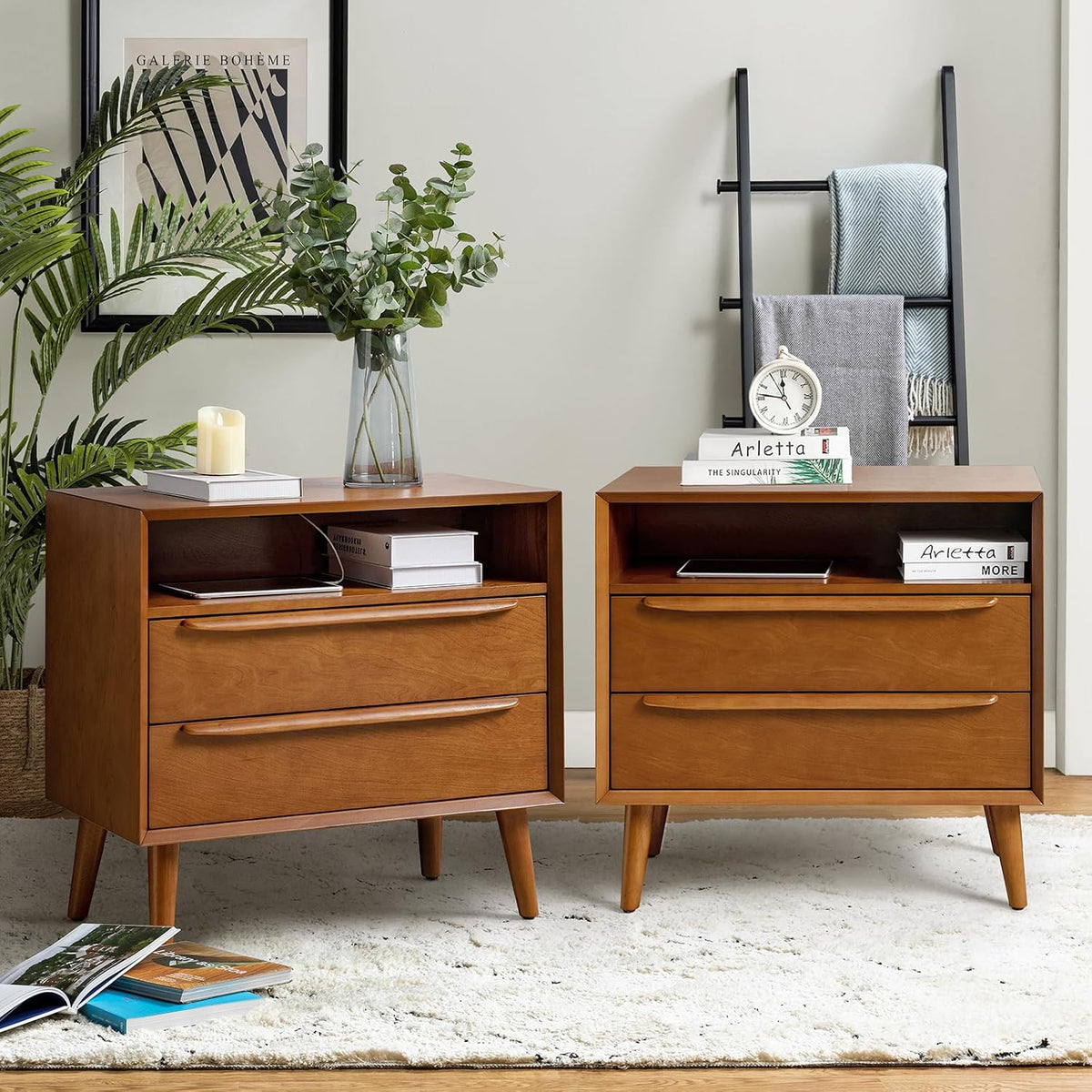 HULALA HOME End Table with Charging Station, 2 Drawers, Set of 2, Acorn