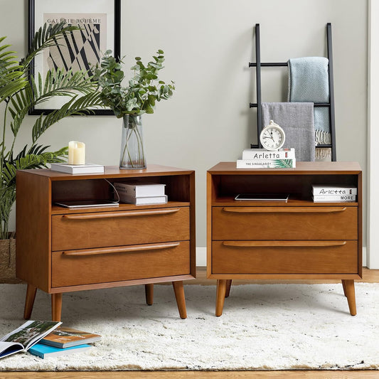 HULALA HOME End Table with Charging Station, 2 Drawers, Set of 2, Acorn