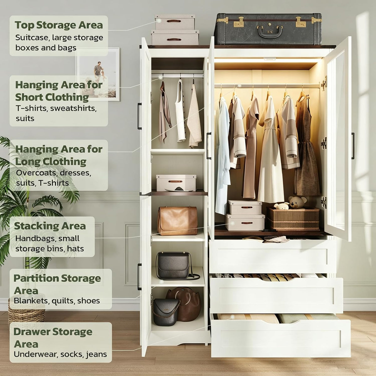 Concho 73'' Wood Farmhouse 4 Doors Armoire Wardrobe Closet with LED Light