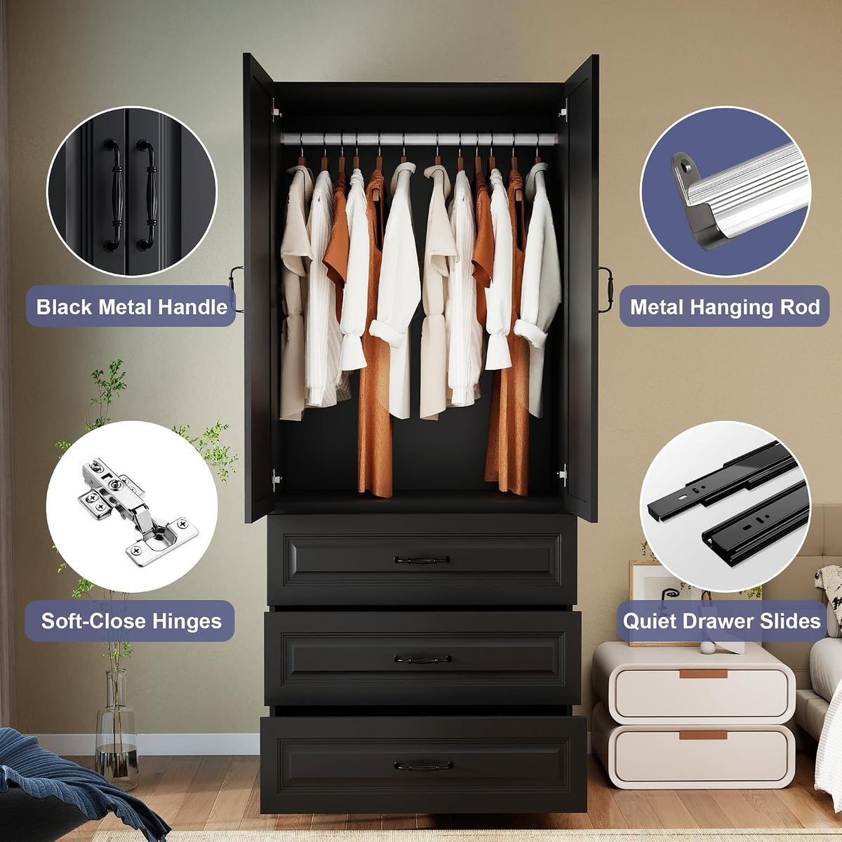 Black Wardrobe Closet with 9 Drawers and 6 Doors, 75" H x 95" W