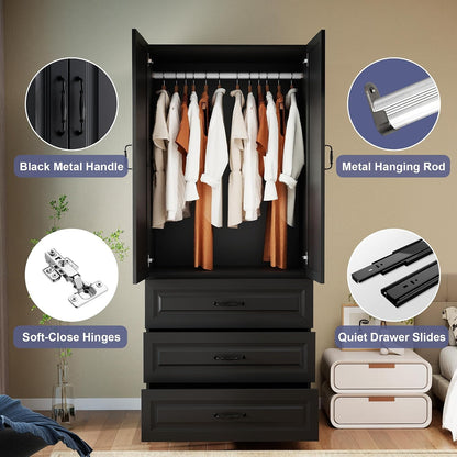 Black Wardrobe Closet with 9 Drawers and 6 Doors, 75" H x 95" W