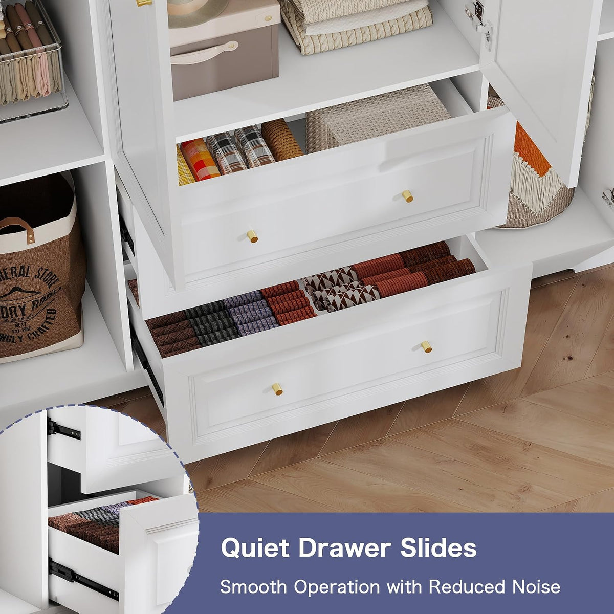 White Wardrobe Closet with 2 Drawers and 4 Doors, 74" H x 59" W