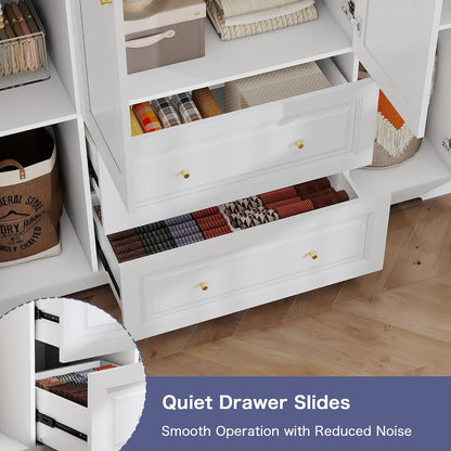 White Wardrobe Closet with 2 Drawers and 4 Doors, 74" H x 59" W