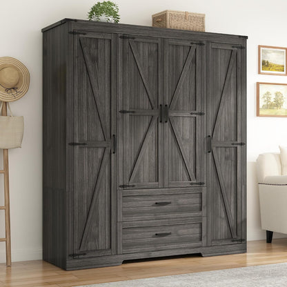 St.Mandyu Farmhouse Wardrobe Armoire Closet with 4 Doors and 2 Drawers, 70.1" Wooden Clothing Storage Cabinet, Freestanding Large Capacity Storage Wardrobe Armoire with Hanging Rod for Bedroom, Grey