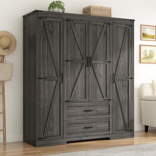 St.Mandyu Farmhouse Wardrobe Armoire Closet with 4 Doors and 2 Drawers, 70.1" Wooden Clothing Storage Cabinet, Freestanding Large Capacity Storage Wardrobe Armoire with Hanging Rod for Bedroom, Grey