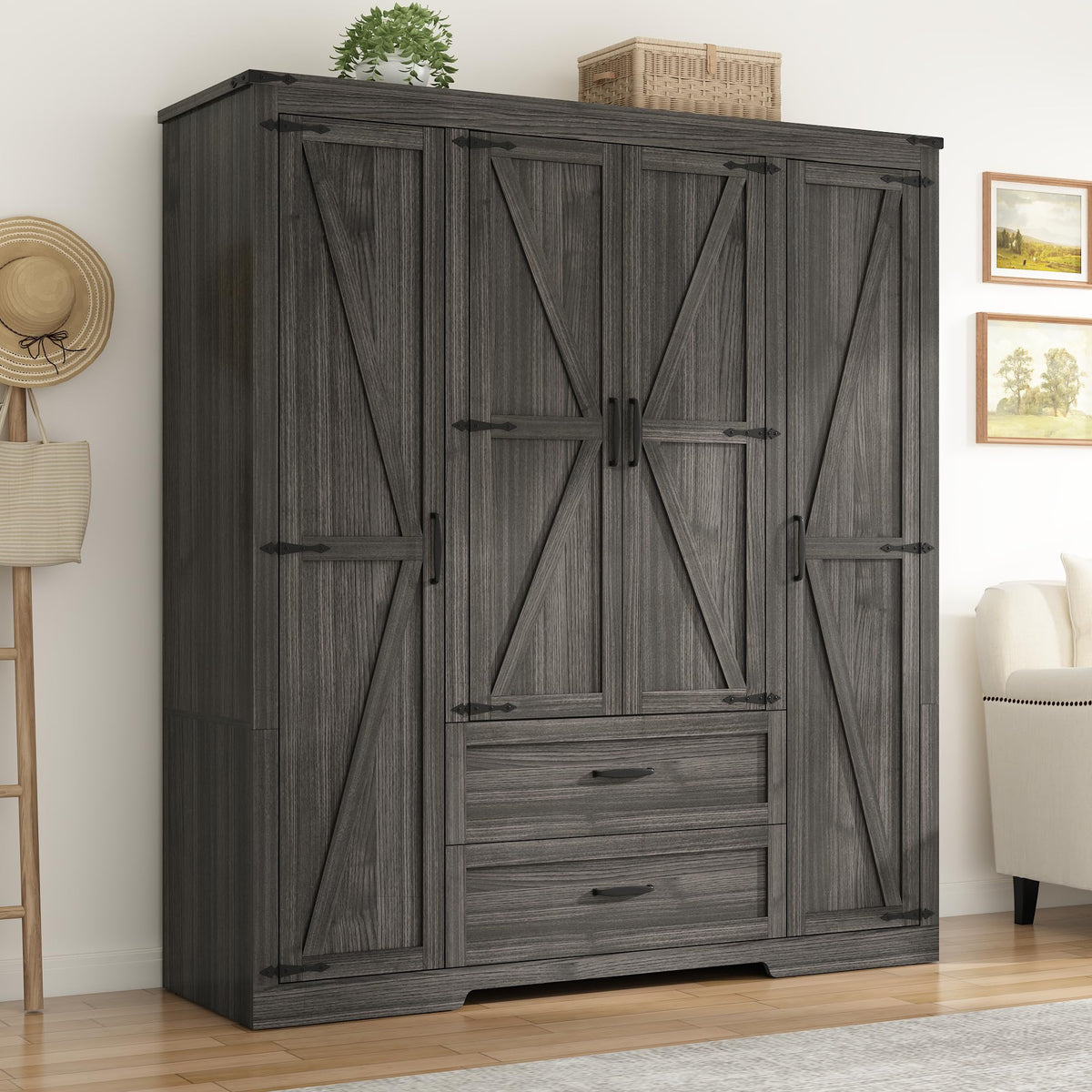 St.Mandyu Farmhouse Wardrobe Armoire Closet with 4 Doors and 2 Drawers, 70.1" Wooden Clothing Storage Cabinet, Freestanding Large Capacity Storage Wardrobe Armoire with Hanging Rod for Bedroom, Grey