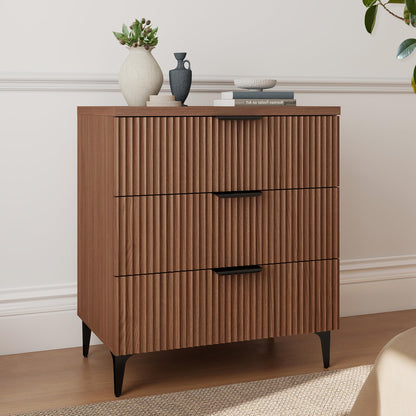 Walnut Fluted Nightstand Set of 2, Modern Night Stands with 2 Drawers