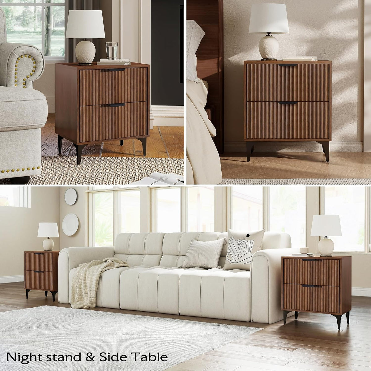 Walnut Fluted Nightstand Set of 2, Modern Night Stands with 2 Drawers