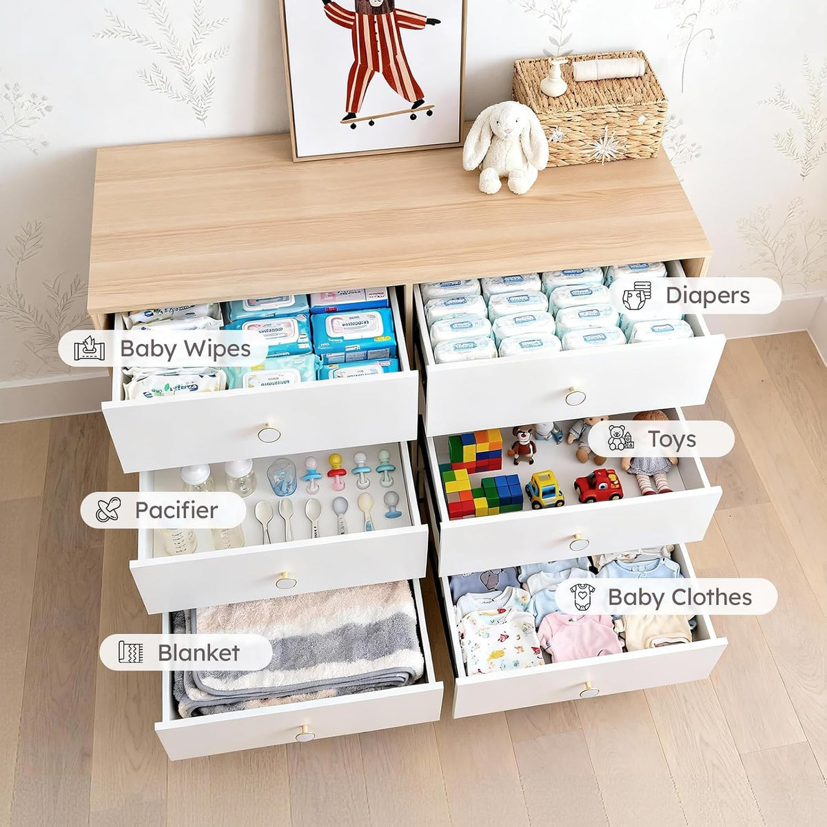 White Baby Dresser for Bedroom, 6 Drawer Organizer for Closet Storage