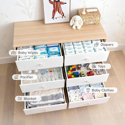 White Baby Dresser for Bedroom, 6 Drawer Organizer for Closet Storage