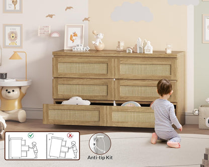 Garvee Rattan 6-Drawer Dresser for Bedroom - Slim Wooden Chest of Drawers, Durable Freestanding Storage Organizer Cabinet for Living Room and Entryway, Oak