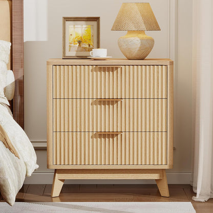 Turosur 24" Wide Fluted Nightstand with 3 Drawers for Bedroom, Oak