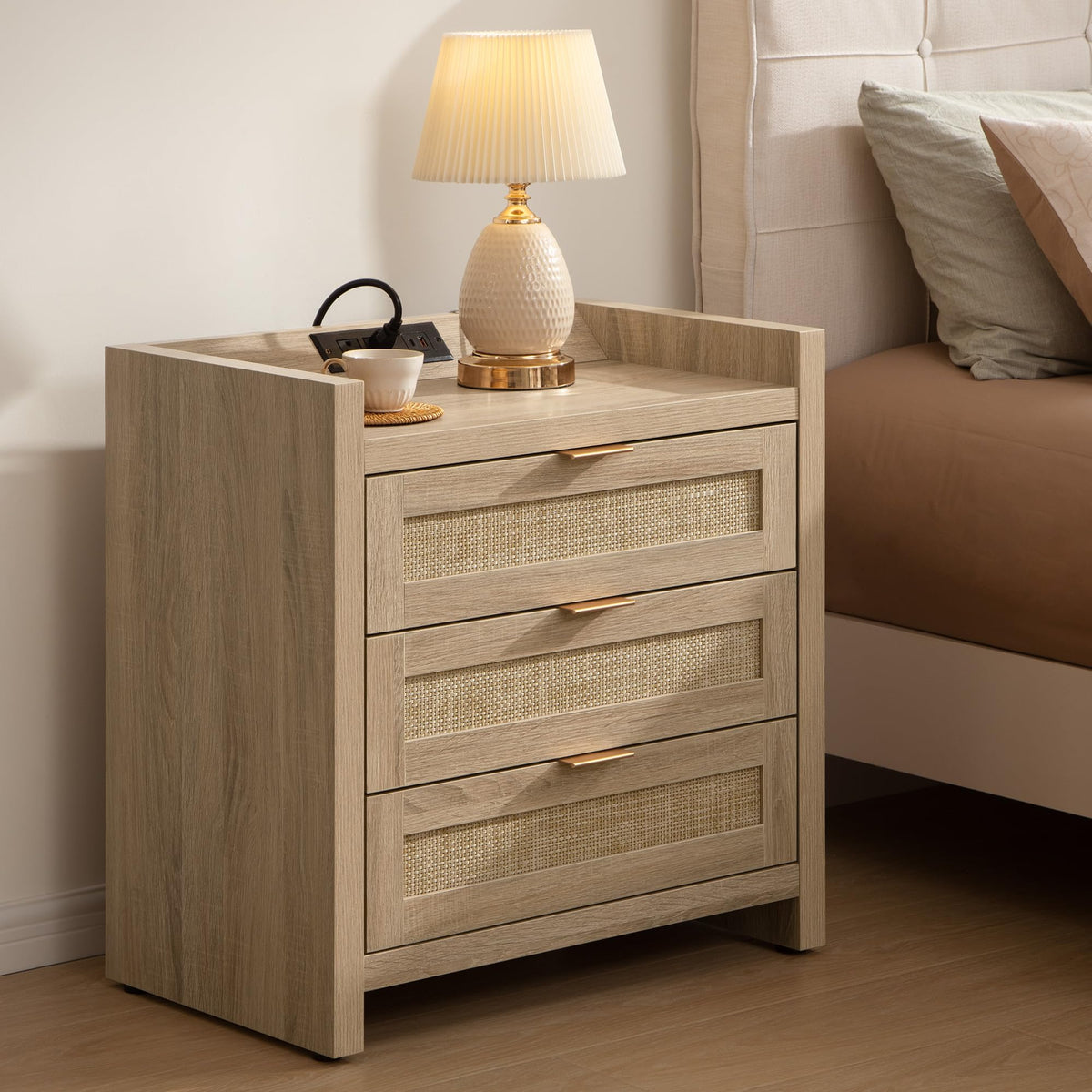 SICOTAS Rattan Nightstands Set of 2, Tall Bedside Table with 3 Drawers