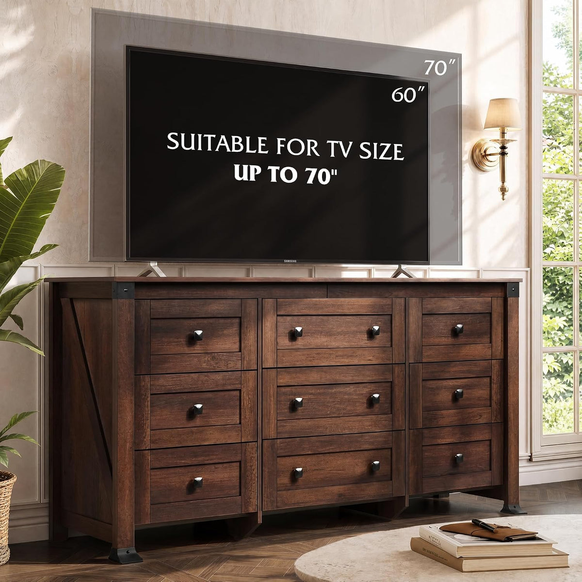 WLIVE Brown Dresser for Bedroom, 9 Drawer Wooden Chest of Drawers with SGS-Tested Anti-Tip Design, 62 Inch Wide Rustic Dresser TV Stand for Living Room, Hallway and Closet, Large Storage Cabinet