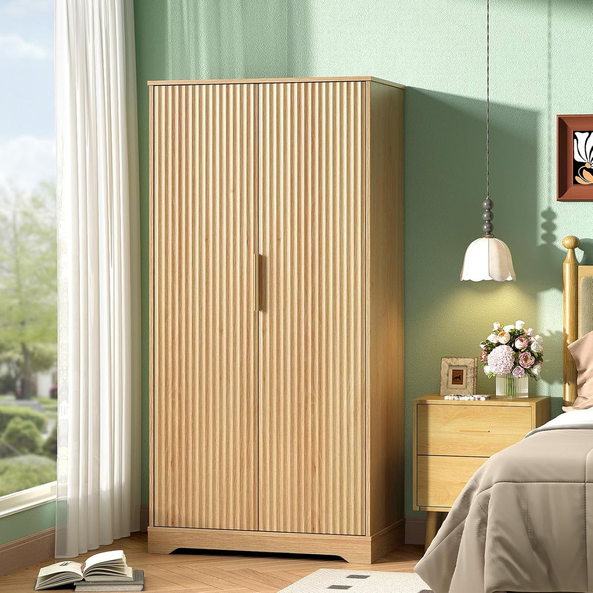 Armoire Wardrobe Closet with Doors, Fluted Wardrobe Armoire,Wooden Closet