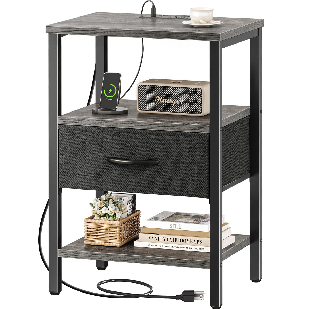 SUPERJARE Nightstand with Charging Station, USB-C Port, Bedside Table