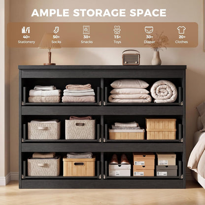6 Drawer Double Dresser for Bedroom, Modern Simply Chest of Drawers, Wood Storage Dresser with Anti-Tipping for Living Room Hallway Entryway, Nursy Black (15.3" D x 47.2" W x 32.3" H)