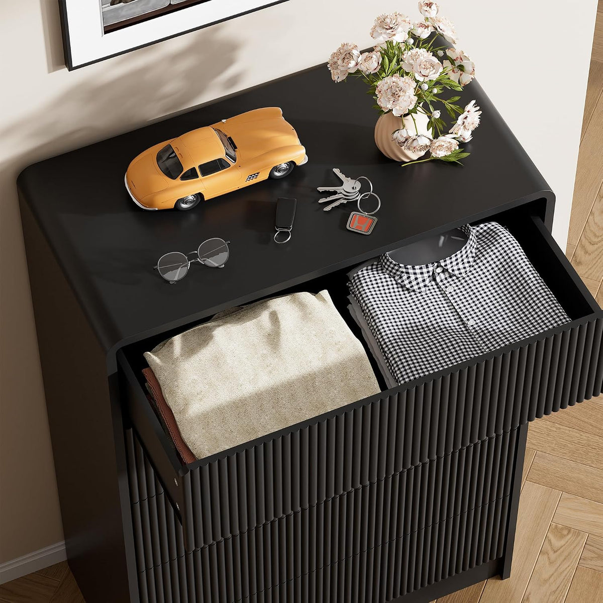 Furniway Black 5 Drawer Dresser for Bedroom, Curved Tall Dresser with Push-to-Open Design, Chest of Drawers for Bedroom, Living Room, Hallway, 15.7”D x 32”W x 47.2”H