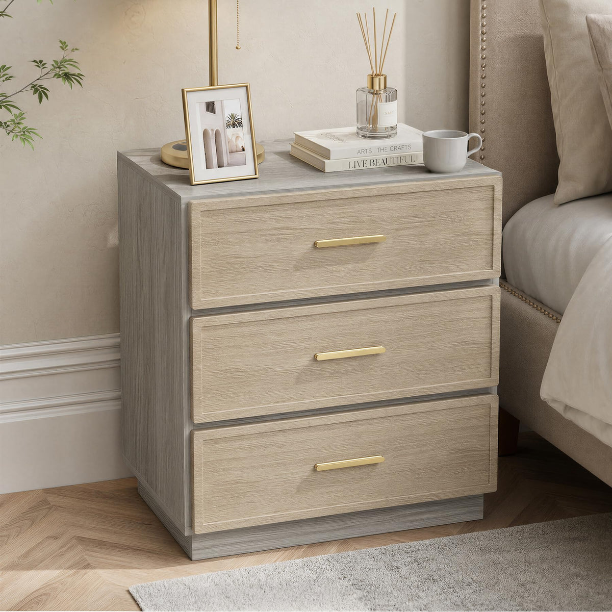 Nightstand Set of 2 Tall Bedside Table with 3 Drawers, Walnut