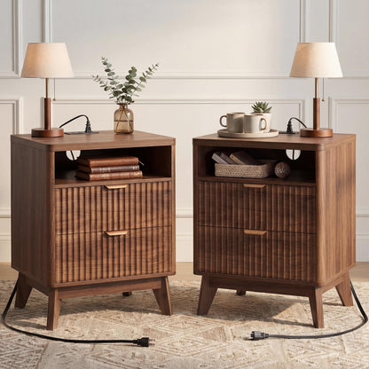 LYNCOHOME Fluted Nightstand with Charging Station, 19.7 inch Wide End Table with 2 Drawers, Modern Wood Bedside Table for Bedroom,Brown,1 Pcs