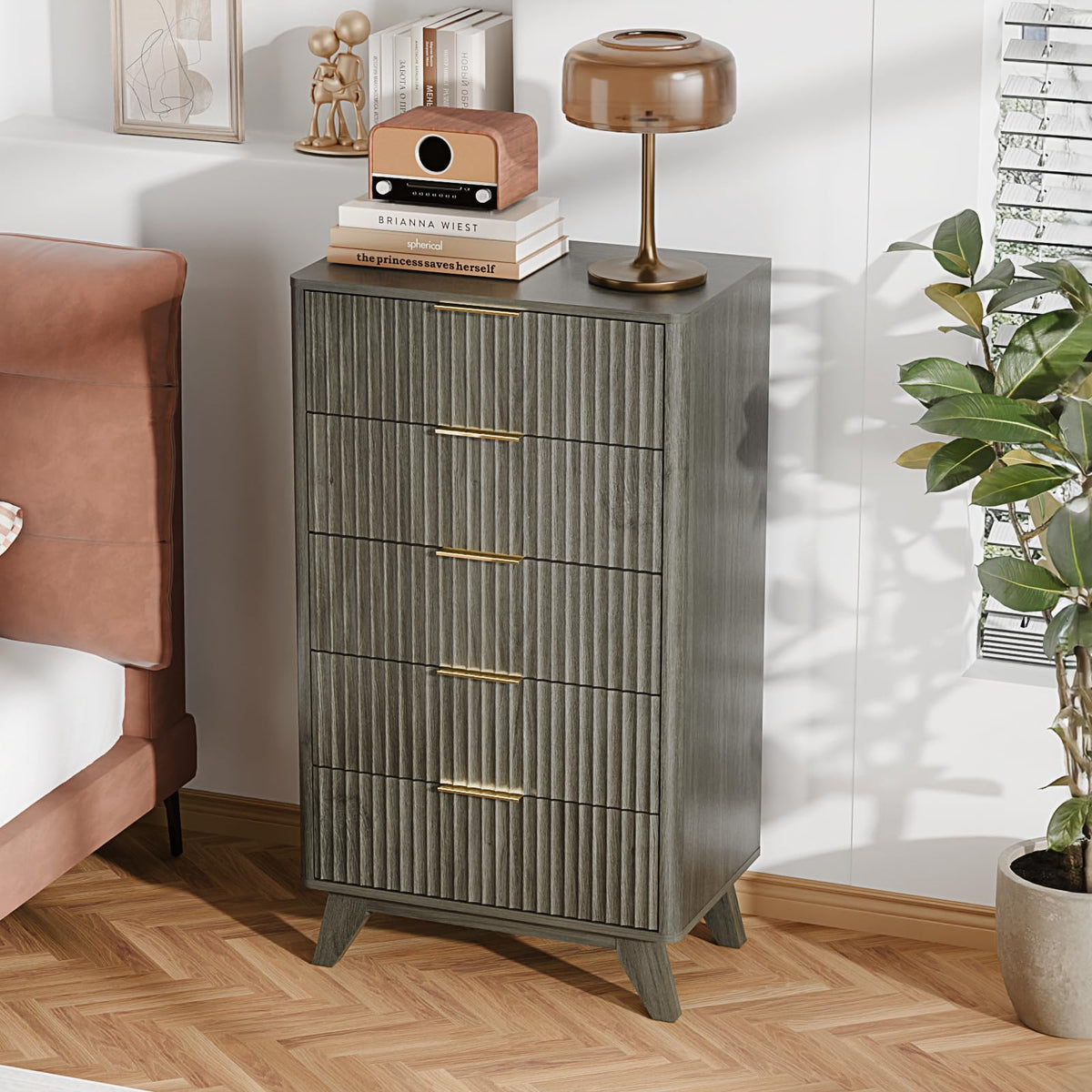 VINGLI Fluted Tall Dresser 5 Drawer, 23.66" W Chest of Drawers, Walnut Wood Dresser for Bedroom Mid Century Modern with Rounded Edge, 23.66" W*15.59" D*44.88" H