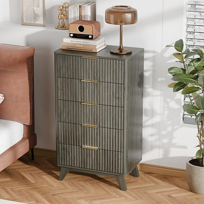 VINGLI Fluted Tall Dresser 5 Drawer, 23.66" W Chest of Drawers, Walnut Wood Dresser for Bedroom Mid Century Modern with Rounded Edge, 23.66" W*15.59" D*44.88" H