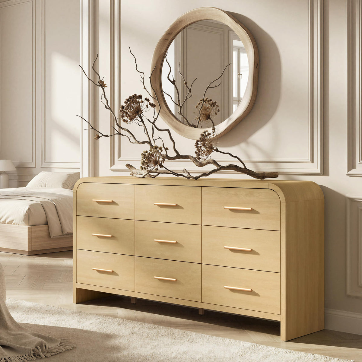 Curved 9-Drawer Dresser for Bedroom, 63" Wide Modern Chest of Drawers, Vanity Desk TV Stand for Living Room, Closet Storage Drawers Organizer Furniture, Nursery, Hallway, Gray Oak
