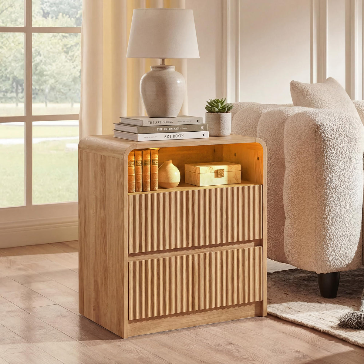 Seang Nightstand Set of 2,Fluted Nightstand with Charging Station,Wooden Bedside Table with Curved Profile Design,3 Drawers Storage,Large End Table for Bedroom,Walnut.