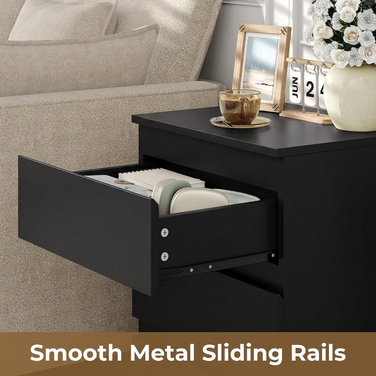 Nightstands Set of 2, Black Nightstand with 3 Drawers