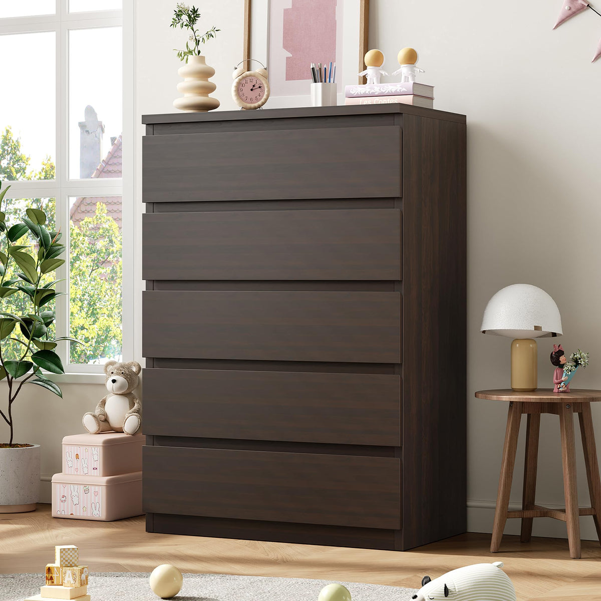 Jocoevol Black 5 Drawer Dresser for Bedroom, 15" D x 23.7" W x 40.4" H in Simply Chest of Drawers, Wood Storage Dresser with Drawers for Living Room Hallway Entryway, Black