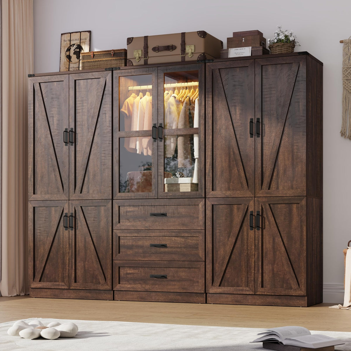 75" Tall Farmhouse 2 Doors Armoire Wardrobe Closet with 3 Drawers and LED,Freestanding Closet Wardrobe Cabinet for Bedroom with Hanging Rod,Wooden Armoire Storage Cabinet with Adjustable shelve(Black)