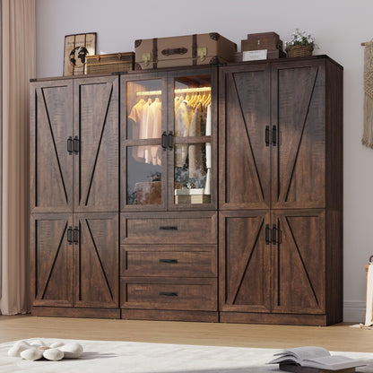 75" Tall Farmhouse 2 Doors Armoire Wardrobe Closet with 3 Drawers and LED,Freestanding Closet Wardrobe Cabinet for Bedroom with Hanging Rod,Wooden Armoire Storage Cabinet with Adjustable shelve(Black)