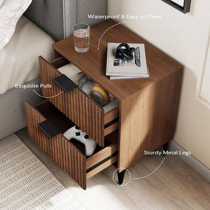 Walnut Fluted Nightstand Set of 2, Modern Night Stands with 2 Drawers